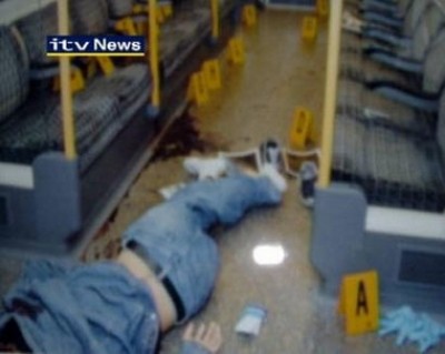 Jean Charles De Menezes dead on the floor of the tube train where he was murdered